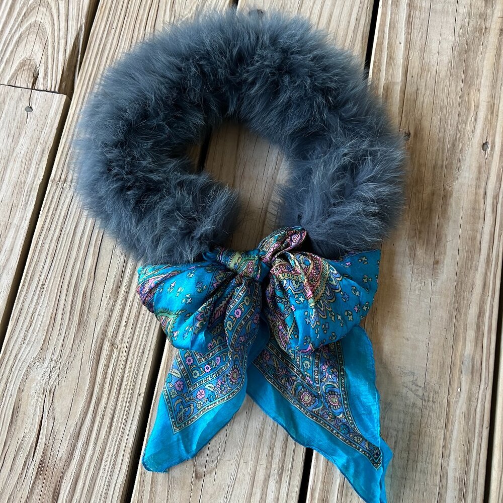 Fur and silk collar scarf - real genuine fur - teal blue
